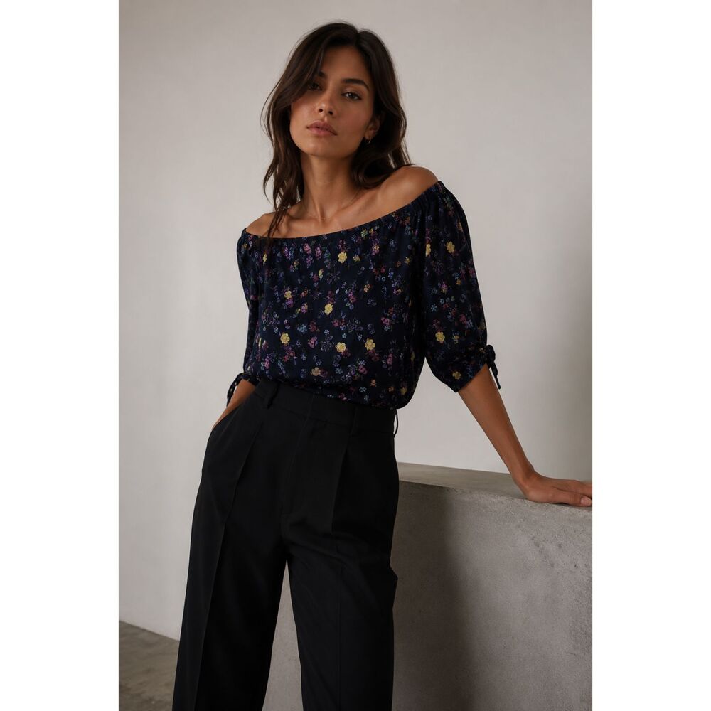 ARITZIA Babaton Black Floral Off Shoulder Tie Sleeve Blouse  Women's Size Medium